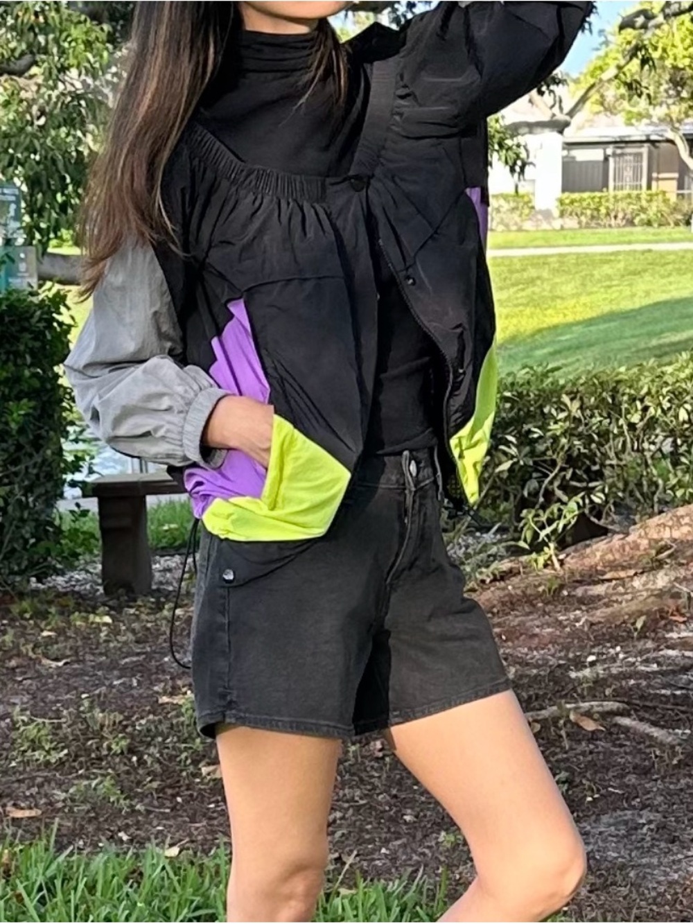 Alexander Wang Black Bomber Jacket with Neon Yellow & Purple Panels